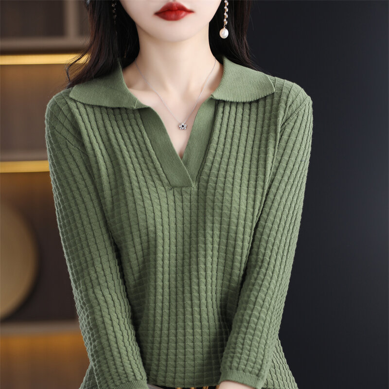 New Spring/Summer Polo Collar Thin Top Wool Long sleeved Women's Loose Short Knitted Shirt Flip Collar Pullover Bottom