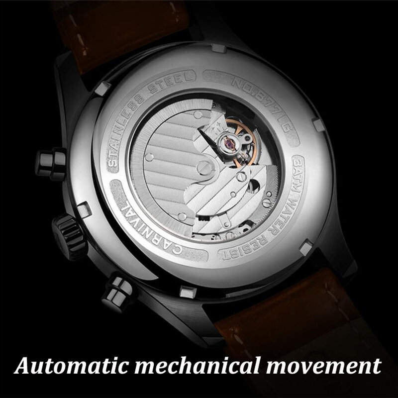 CARNIVAL Leather Strap Automatic Mechanical Watch Fashion Four Eyes Dial Design Luminous Waterproof Men Watch Relogio Masculino