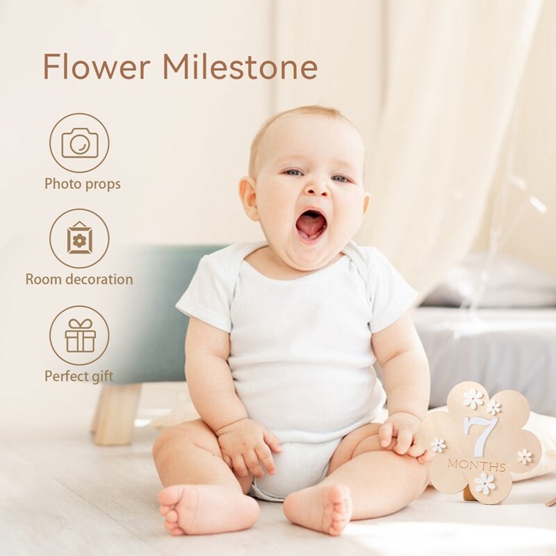 1Set in legno Baby Month Milestone Card Flower Shape Record Card regalo di compleanno neonato Souvenir Baby Photo Photography Accessories