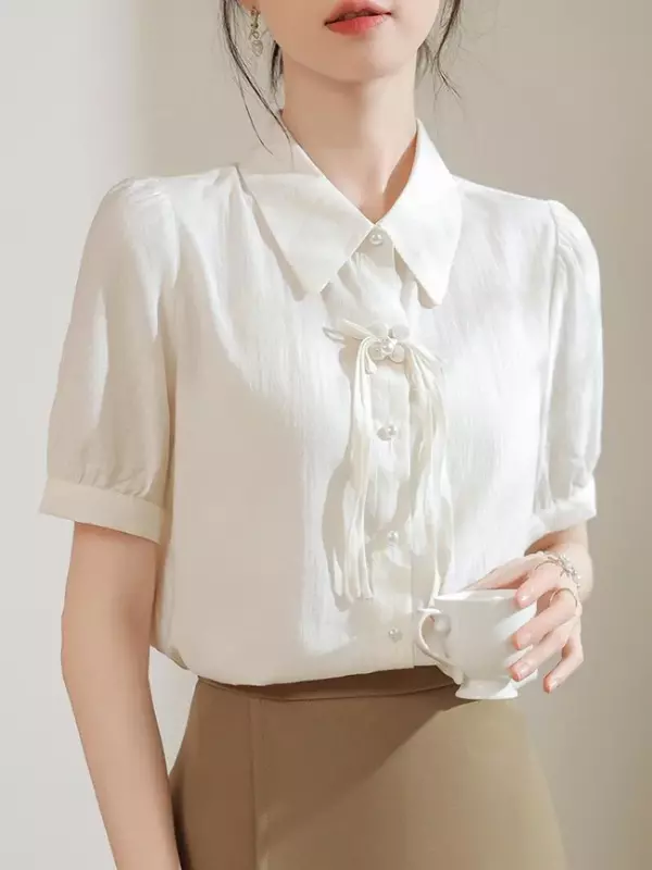 Шифоновая женская рубашка, летняя винтажная однотонная блузка, свободные женские топы в китайском стиле, модная одежда с коротким рукавом YCMYUNYAN
