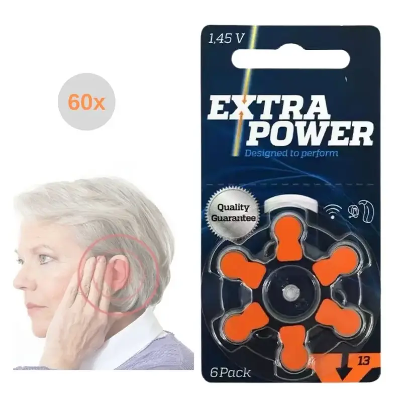 Box of Extra Power Hearing Aid Batteries Size 13 A13 13A 1.45V Orange PR48 Zinc Air (60 battery cells)