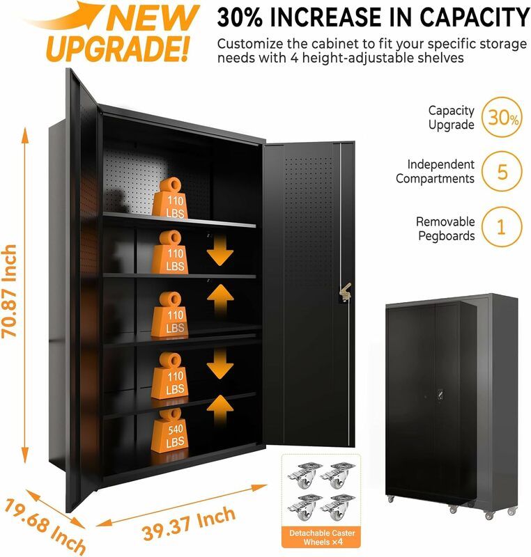 Tall and wide metal storage cabinet with doors and 4 adjustable shelves Heavy duty black lockable with wheels and peg board