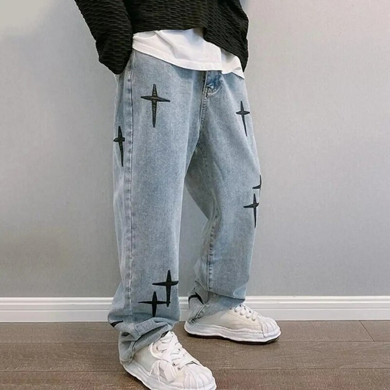 Celana Denim nyaman antik lebar kaki Jeans Pria dengan bintang bordir kancing ritsleting penutup kain sejuk pinggul untuk A