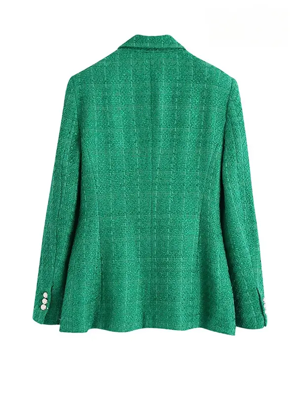 2024 New Women Fashion Double Breasted Tweed Green Blazer Coat Vintage Long Sleeve Flap Pockets Female Outerwear Chic Veste