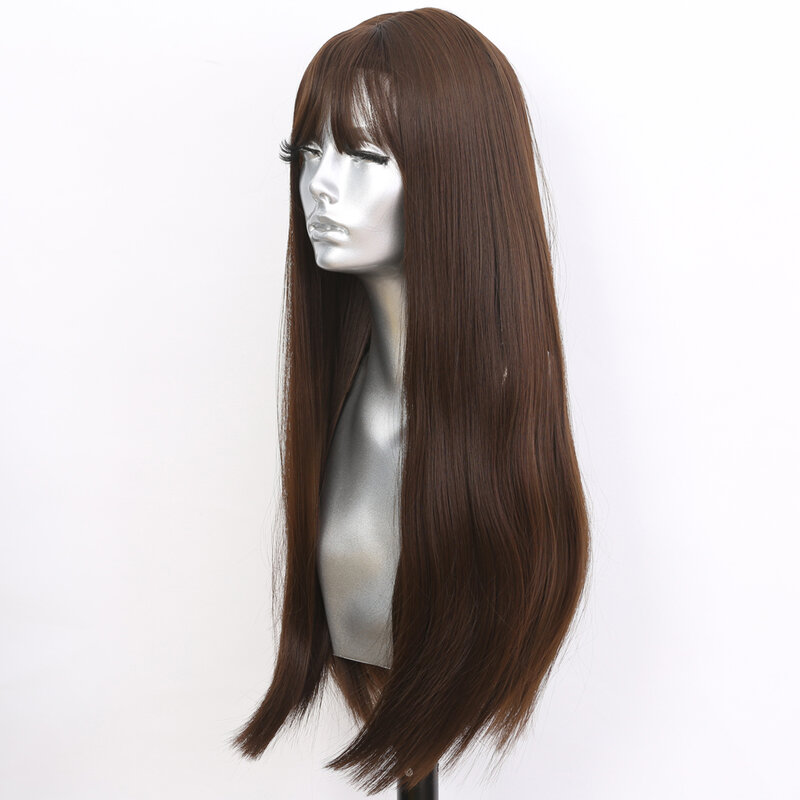 Sivir-pelucas sintéticas de Color Chocolate para mujer, pelo largo y liso con flequillo, Cosplay diario, fibra resistente al calor, mechanis completo