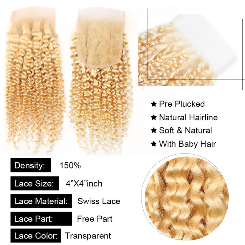 613 Honey Blonde Kinky Curly 4x4 Lace Closure Free Part Transparent Lace 100% Human Hair Pre Plucked With Baby Hair 10-20 Inches