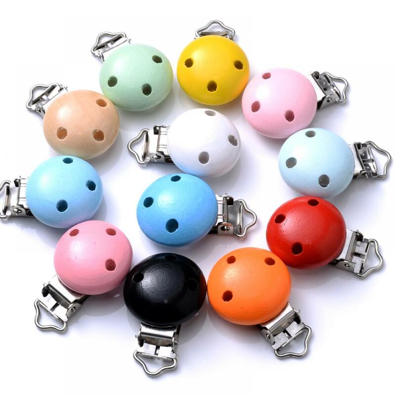 5Pcs/Lot 10 Colors 30mm Baby DIY Nipple Chain Essential Accessories Round Wood Pacifier Clip for Baby Safe Teething Jewelry