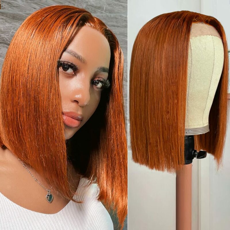 Ginger Lace Front Wigs Bob Wig 13x4 Frontal Glueless Wigs Human Hair Pre Plucked, Color #350 Bob Ginger Wig HD Lace Front Wigs