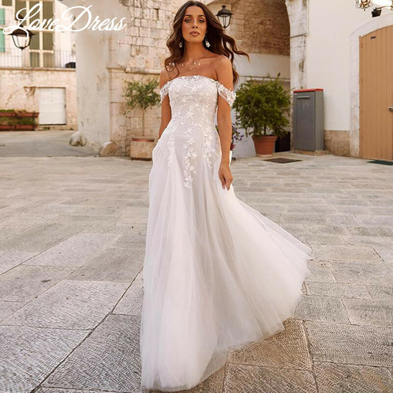LoveDress gaun pernikahan leher perahu seksi untuk pengantin wanita mode A-Line gaun pengantin renda bahu terbuka applique Backless Vestido De Novia