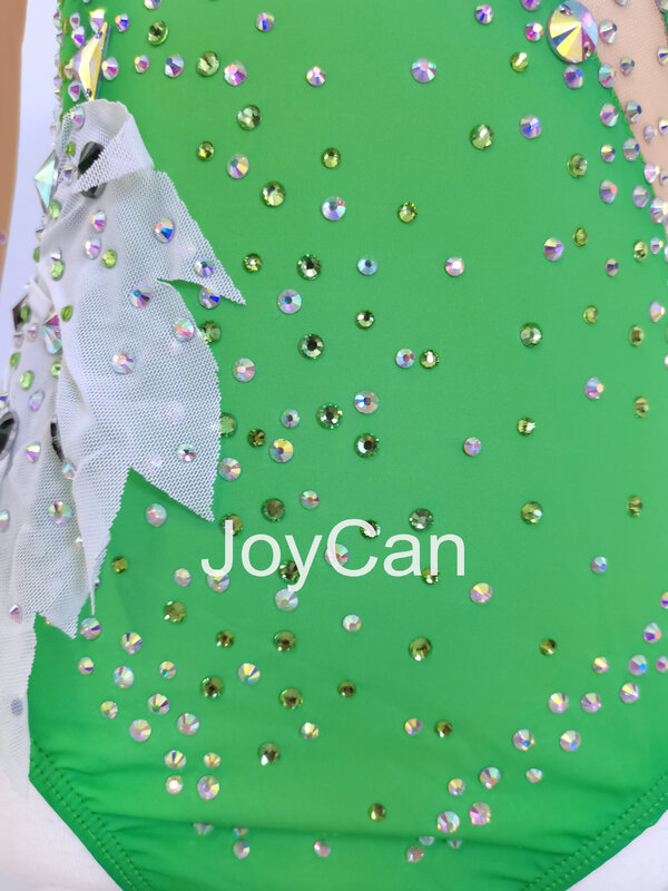 JoyCan 여성용 리듬 체조 레오타드, 그린 스판덱스, 우아한 댄스 의상, 대회