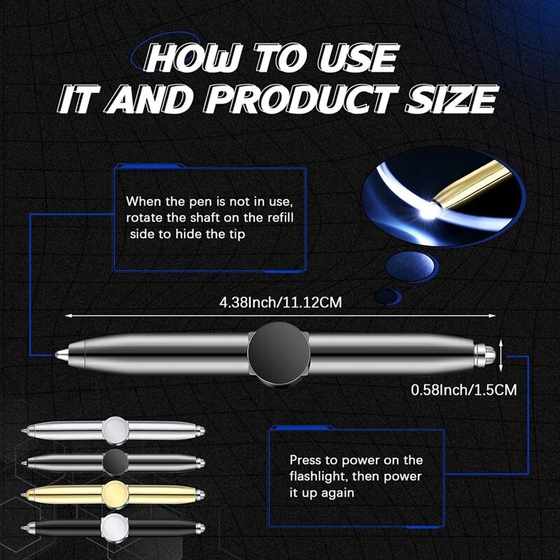 Multi Funcional Fidget Pen Spinner com luz LED, Cool Ansiedade Pen, Ajuda Stress Reducer, Caneta Esferográfica, 4pcs