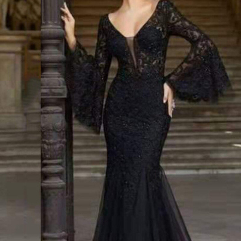 Новинка 2024, элегантное и соблазнительное вечернее платье с кружевом и вышивкой, облегающее длинное банкетное платье «рыбий хвост» с широкими рукавами и V-образным вырезом
