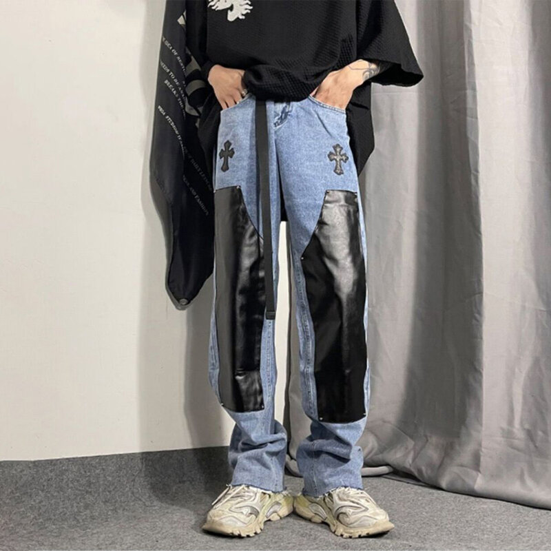 Amerikaanse High Street Pu Leather Splitsen Grote Maat Jeans Trendy Merk Mannen Hiphop Casual Broek Harajuku Stijl Mode Broek