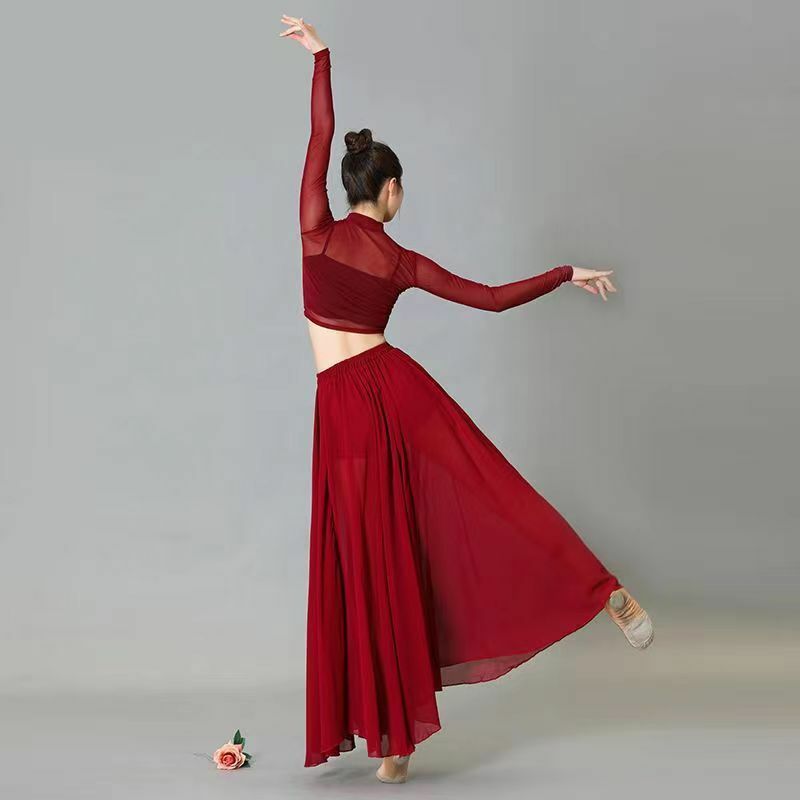 Conjunto de falda de estilo antiguo chino, temperamento, baile de jazz, rojo vino, versátil, baile, toma de fotos, traje de actuación, media falda