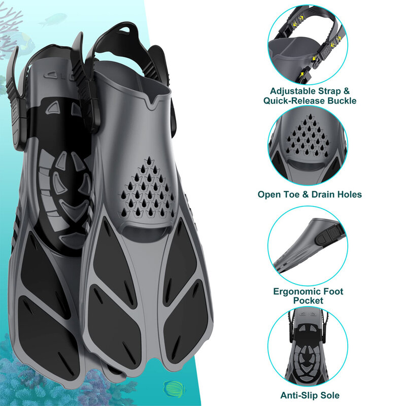 Snorkel Fins Adjustable Buckles Swimming Flippers Short Silicone Scuba Diving Shoes Open Heel Travel Size Adult Men Womens
