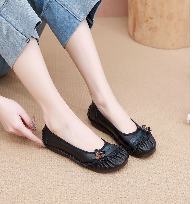2024 New vintage ballet flats woman floral shallow shoes womens loafer top quality luxury green moccasins lady soft driving shoe
