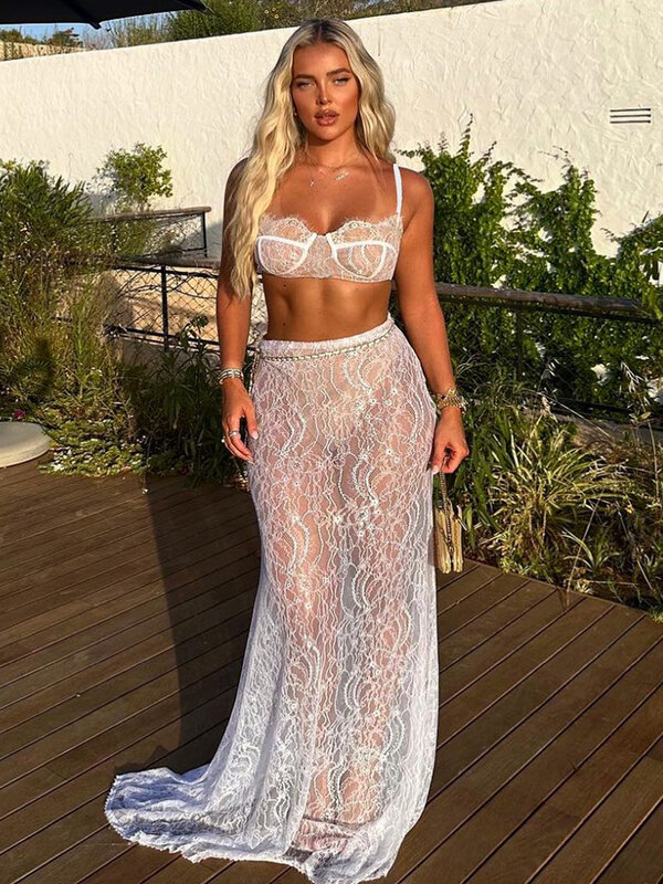 Fantoye Sexy See Through Lace Chain Women Skirt Suit White Spaghetti Strap Crop Top Print Floral Skirt Autumn New Two Piece Sets