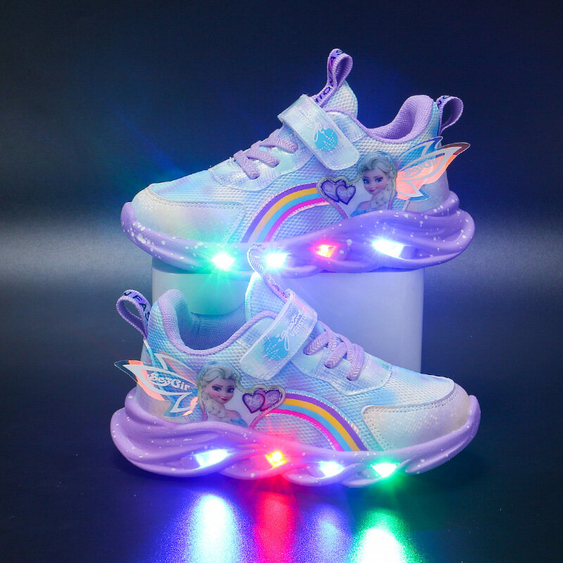 ديزني الفتيات أحذية غير رسمية Led أضواء شبكة تنفس الأطفال رياضية الأميرة إلسا الوردي الأرجواني أحذية رياضية حجم 22-37