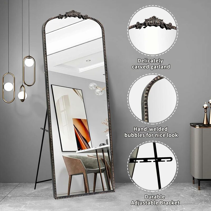 Vintage Baroque Ornate Full Length Mirror 71''x30'' HD Glass Thick Frame w/Stand Wall-MountedSafety Film Metal Bubble Decoration