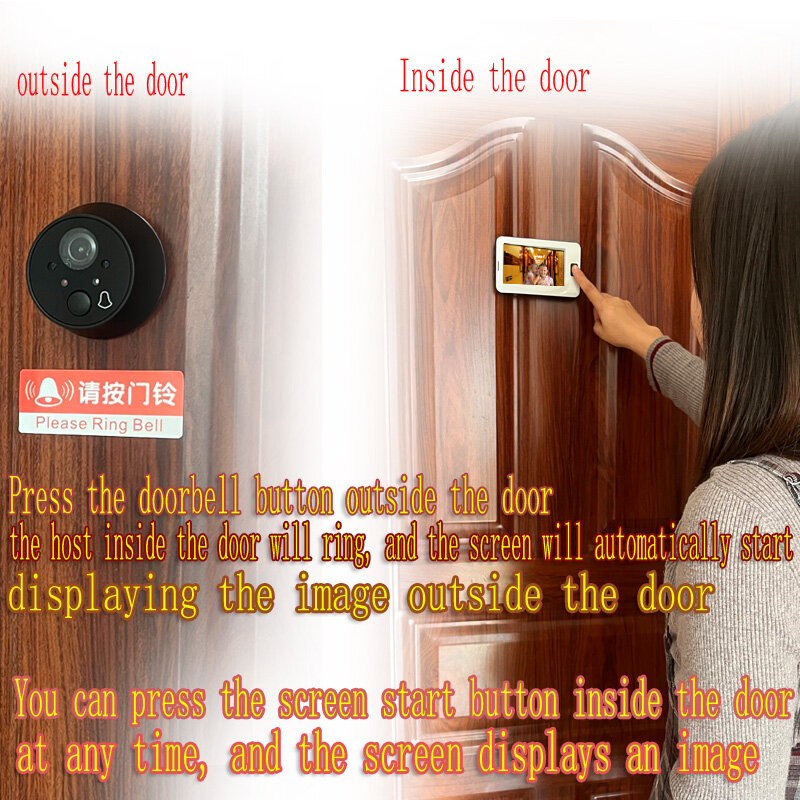Sonnette de porte intelligente avec vision nocturne IR, 4.3 pouces, caméra HD, œil de chat, grand angle, maison