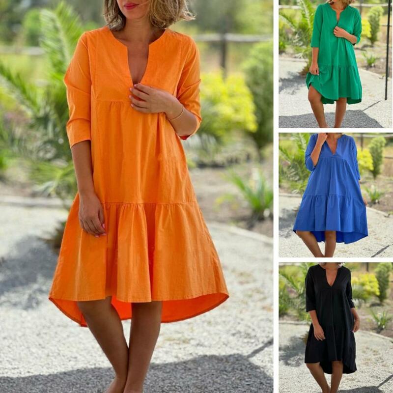 เดรสทรงเอไลน์สำหรับผู้หญิงสำหรับฤดูร้อนชุดเดรสลำลองมีจีบเย็บปะติดชายเสื้อสีพื้นทรงหลวมออกเดท