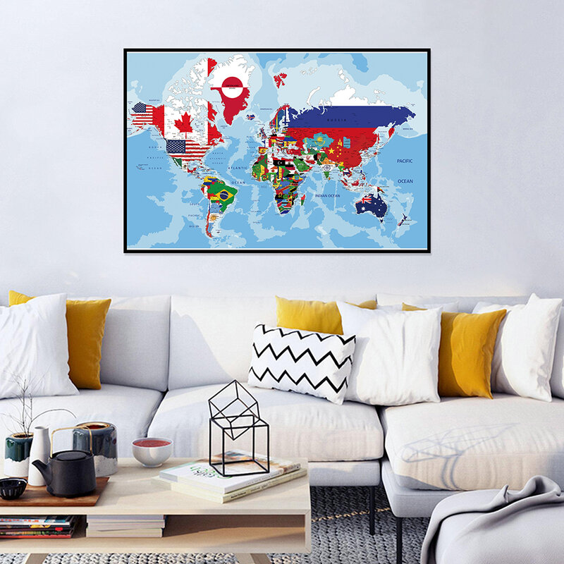O Mapa do Mundo com Bandeiras do País, Pintura em Canvas, Arte da Parede, Poster Impressões, Material Escolar Ensino, Sala, Home Decor, 45x30cm