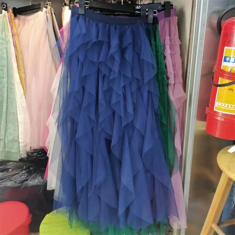 2024 neue Frauen röcke Sommer Chiffon Mode Patchwork solide mittellange hohe Taille elegante gestrickte Tank koreanische Party Mesh Rock