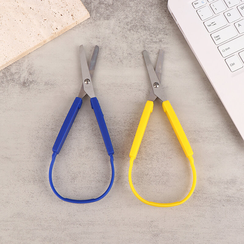 1 buah gunting Loop baja tahan karat Mini pegangan warna-warni alat pemotong kertas kerajinan seni DIY untuk siswa sekolah alat kantor