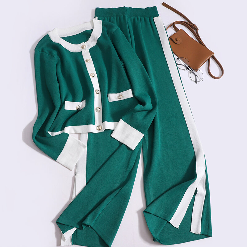 Autumn Knitted Two-piece Set Women O-neck Single-breasted Top Wide-legged Pants Suit Casual Fashion Sweater Cardigan  Trousers