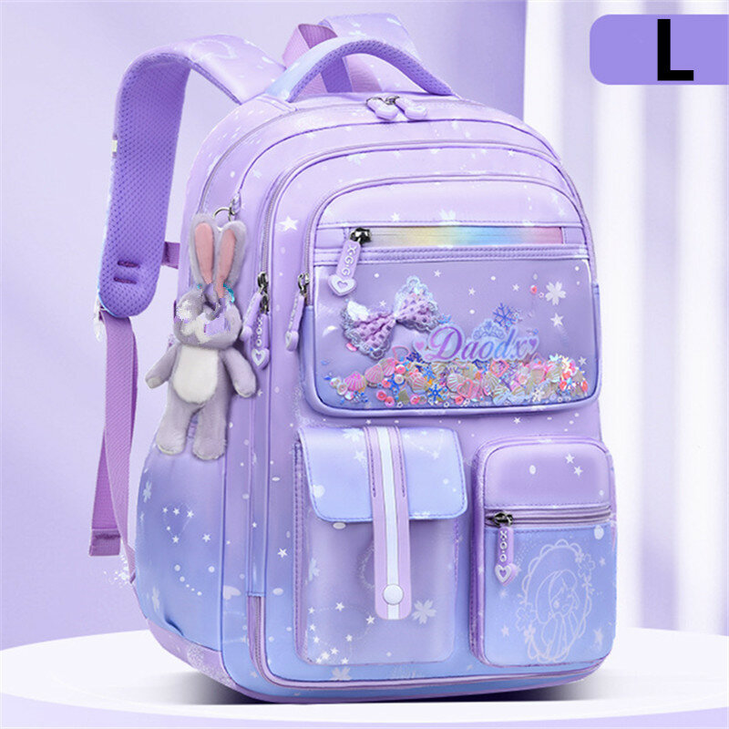 Ортопедический рюкзак для девочек, школьный ранец для начальной школы с бантом и подвеской в виде кролика, милые водонепроницаемые нейлоновые рюкзаки