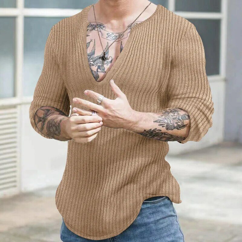 Suéteres informales de manga larga para hombre, Jersey de punto que combina con todo, cuello en V, Color sólido, Otoño e Invierno