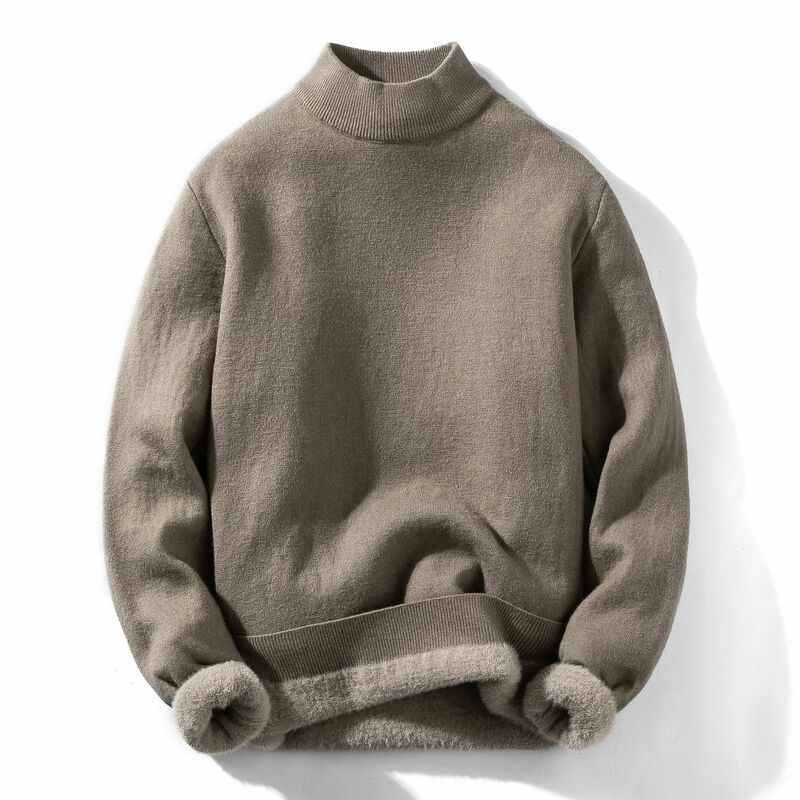 Sweater pria dengan Plush tebal semi-tinggi leher, musim gugur dan musim dingin Slim Fit terintegrasi beludru bawah tren pakaian rajut