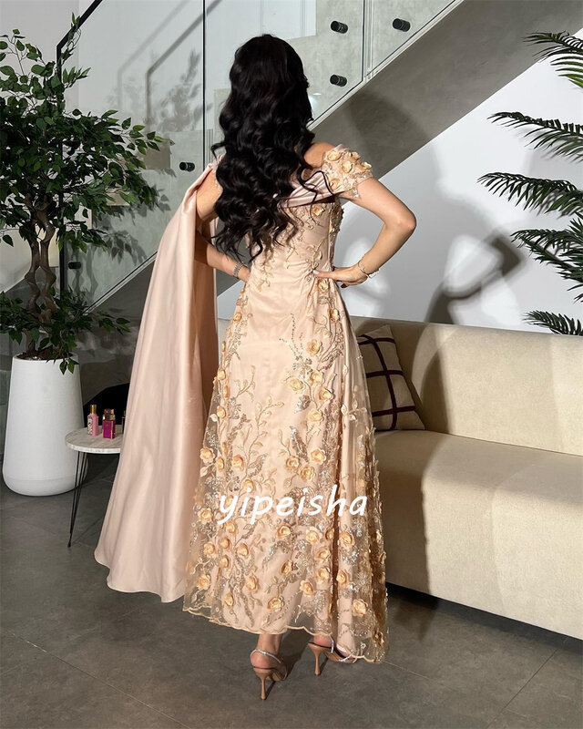 Satin Sequined Flower Beading Ruched Birthday A-line One-shoulder Bespoke Occasion Gown Midi Dresses
