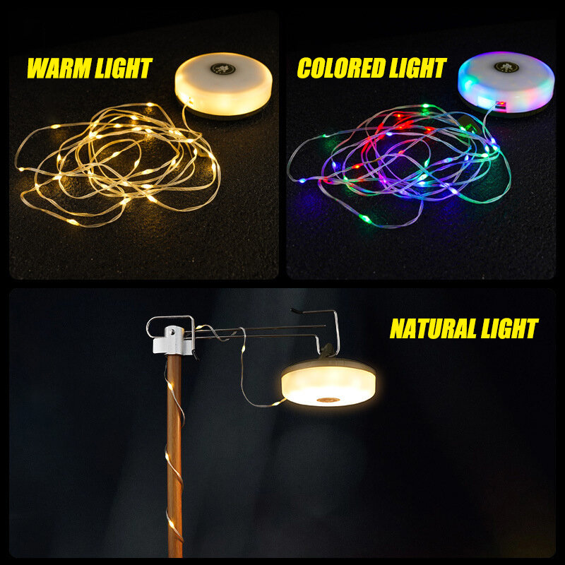 USB Rechargeable Camping Light Outdoor Tent Light XTE LED Flashlight with Magnet Hook 10 Meter Light Strip (warm Light+RGB)
