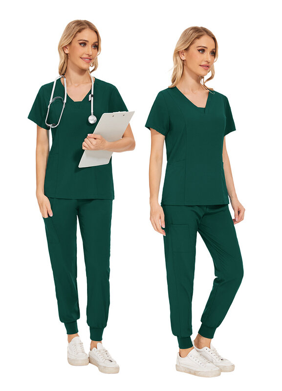 Vrouwen Medische Uniformen Elastische Scrubs Sets Ziekenhuis Chirurgische Jurken Korte Mouw Tops Broek Verpleegkundige Accessoires Artsen Kleding