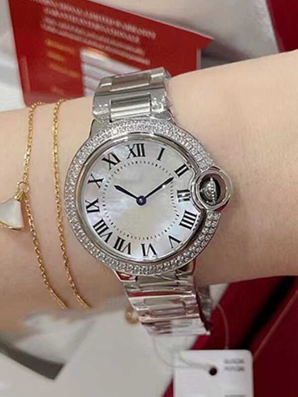 Reloj de cuarzo de esfera redonda de acero con incrustaciones de diamantes vintage para mujer, Reloj clásico dorado de lujo, moda de diseñador, nuevo, 2024