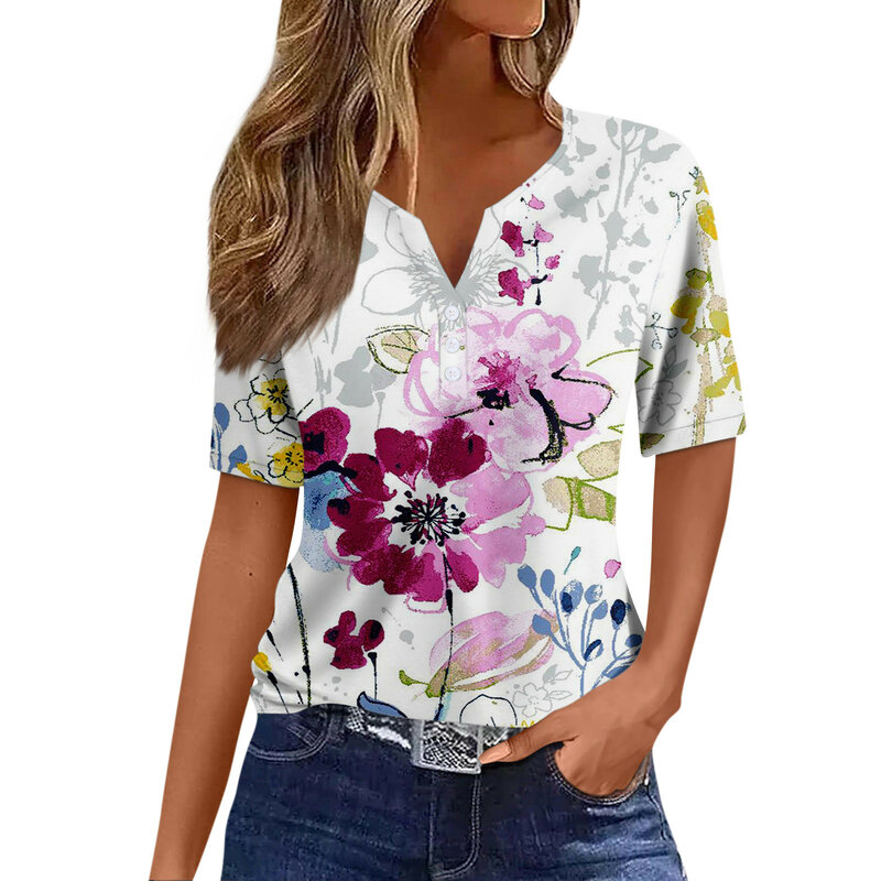Female Clothing Delicate Fashion Plant Printed Women Pullover Sweatshirt V-Neck Button Summer Short Sleeves Women Shirts Y2k 반팔티