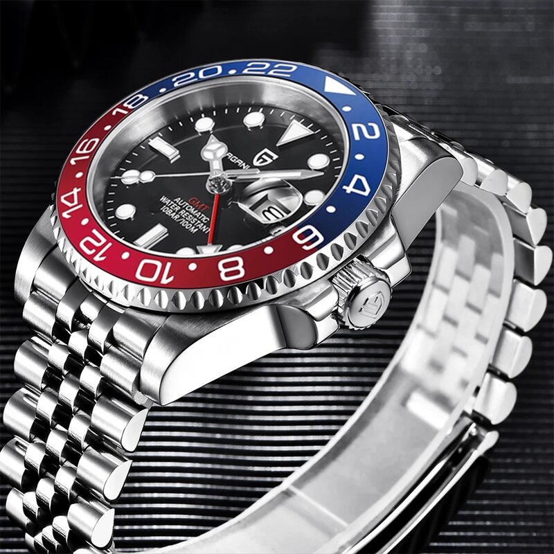 PAGANI DESIGN-GMT Relógio de pulso mecânico masculino, safira em aço inoxidável, relógio automático impermeável, marca Top