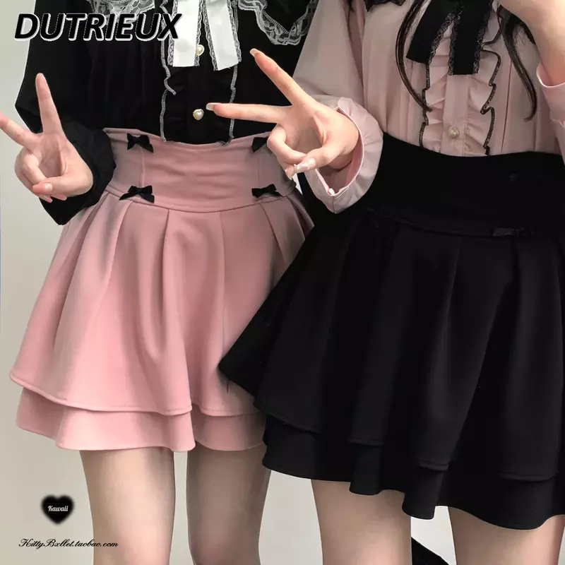 Japanese Style Summer New Sweet Cute Girl High Waist Short Skirt Bow Double Layer Mine Solid Color Kawaii Mini Tutu Skirts