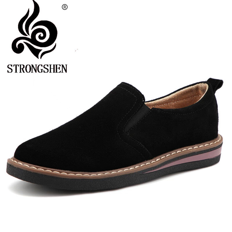 Strongshen nova primavera plana sapatos femininos camurça couro sapatos casuais de salto baixo preto sapatos femininos mocassins jazz oxford
