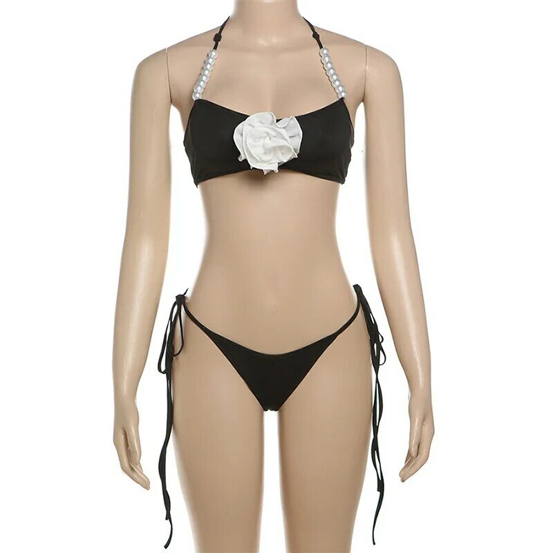 Ensemble de bikini à lacets avec perles de fleurs 3D pour femmes, caraco licou sexy, culotte Y +, olympiques de fête, tenue de plage de vacances, 2 pièces