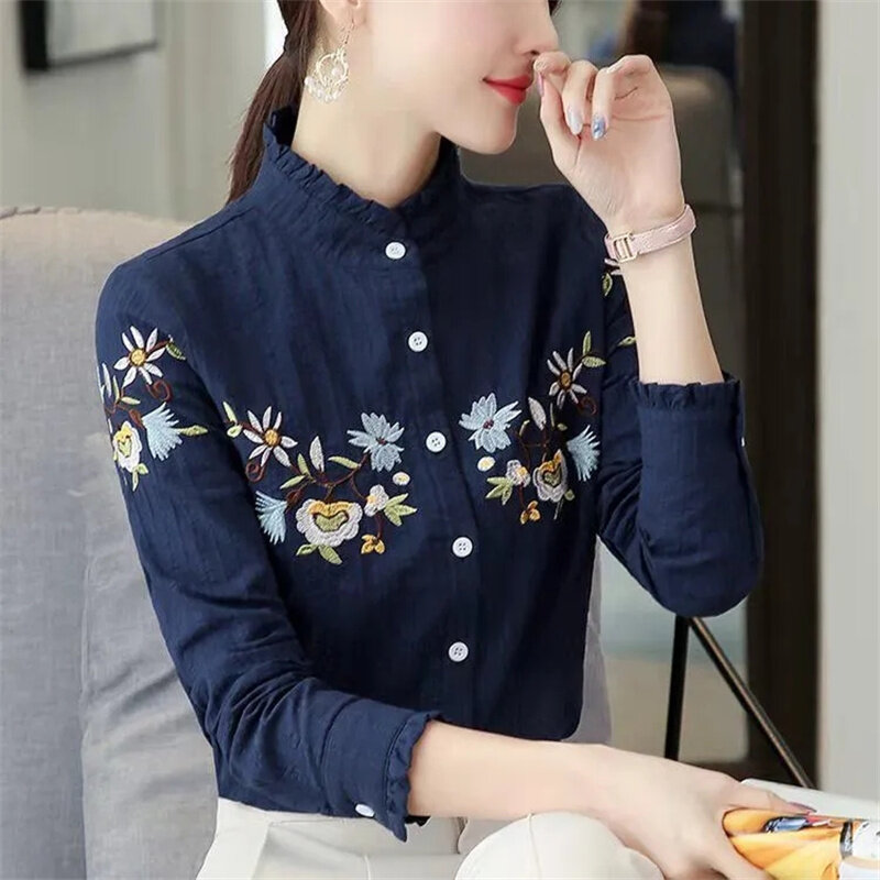 2024 Korean New Female Professional Long Sleeved Shirt Tops Spring Auricularia Auricula Edge Long Sleeved Cardigan Blouse Jacket
