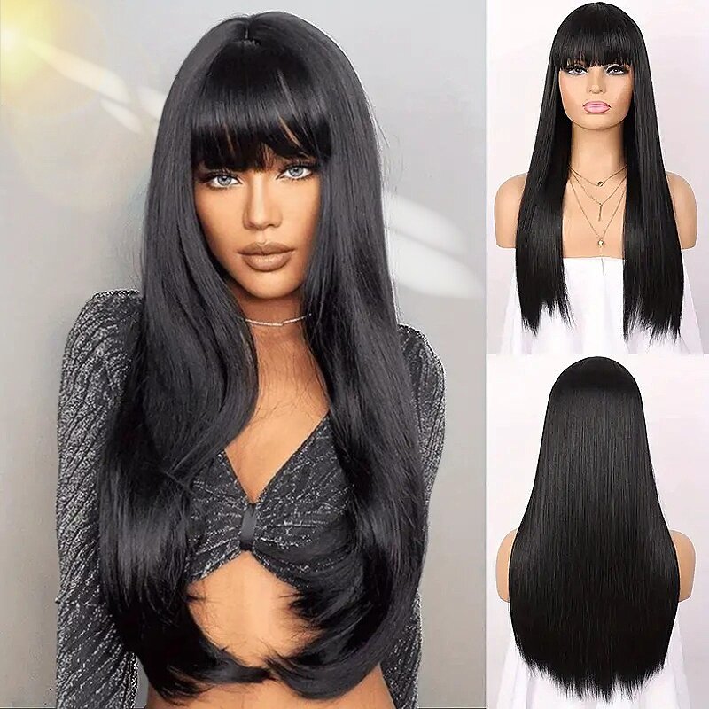 Straight Human Hair Wigs With Bangs  Full Machine Made Wigs For Women Glueless Straight Remy Human Hair Wigs Natural Color