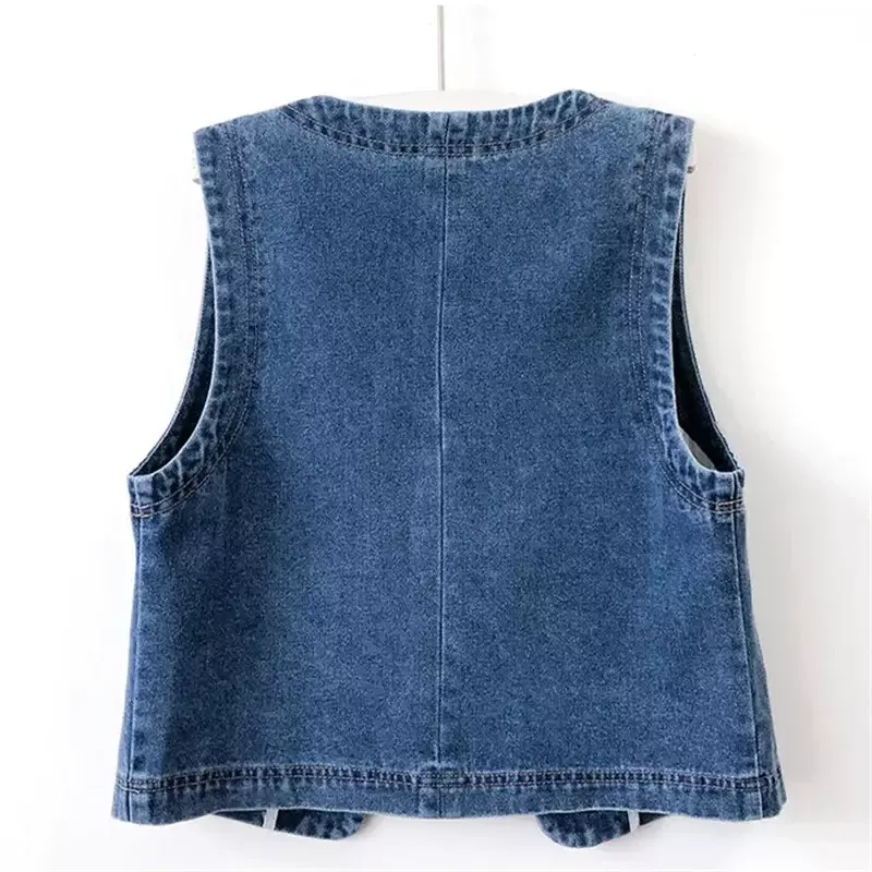 Summer Women Short Denim Blue Vest Fashionable V-neck Sleeveless Slim Women's Casual Single-Breasted Button Vest