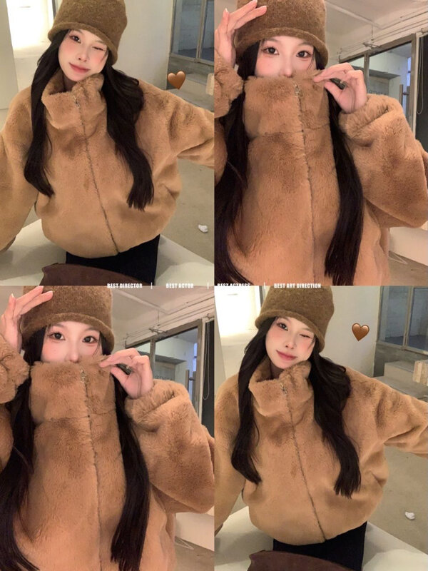 Deeptown coreano moda Fax pelliccia corta giacca donna elegante spessa caldo morbido cappotti femminile manica lunga peloso corto capispalla inverno