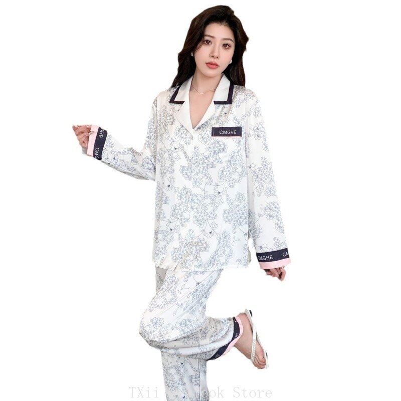 Pijama fino de seda gelo feminino de manga comprida, roupa de casa de alta qualidade, rosa, vermelho, preto, terno elegante para primavera e outono