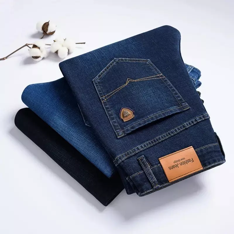 2024 Autumn Spring High-Quality Fitted Straight Stretch Denim Jeans Classic Style Badge Youth Men's Business Casual Jeans Trouse