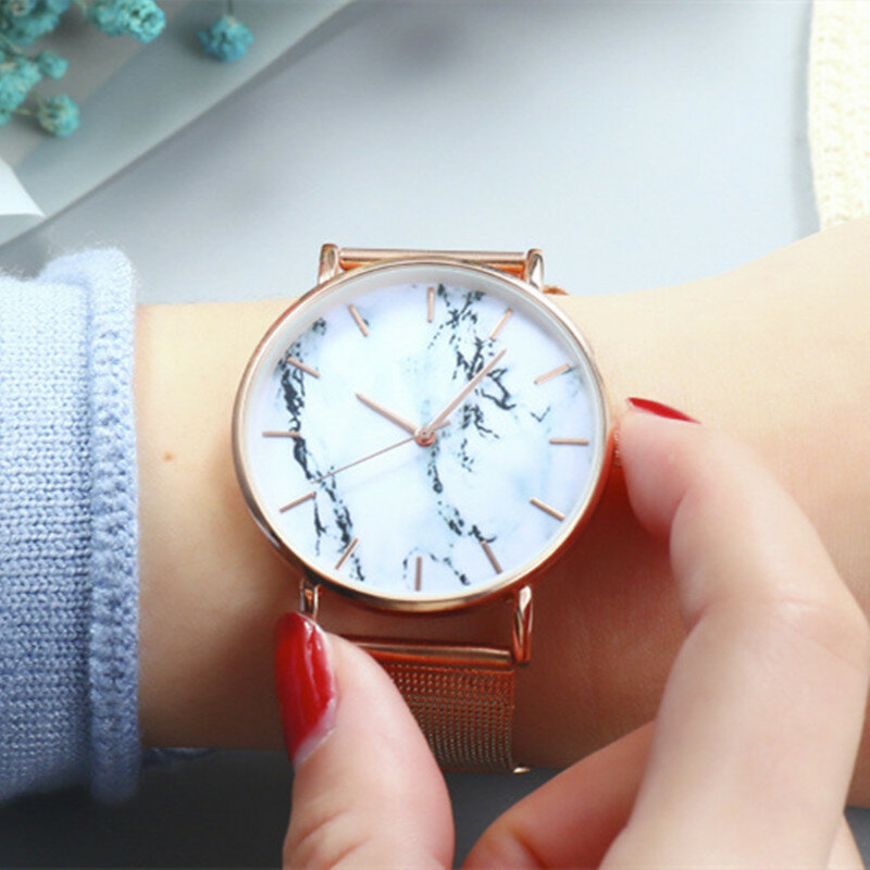 Reloj de pulsera analógico de cuarzo para mujer, pulsera de acero inoxidable con diseño de marmoleado, a la moda, de lujo, reloj de oro rosa