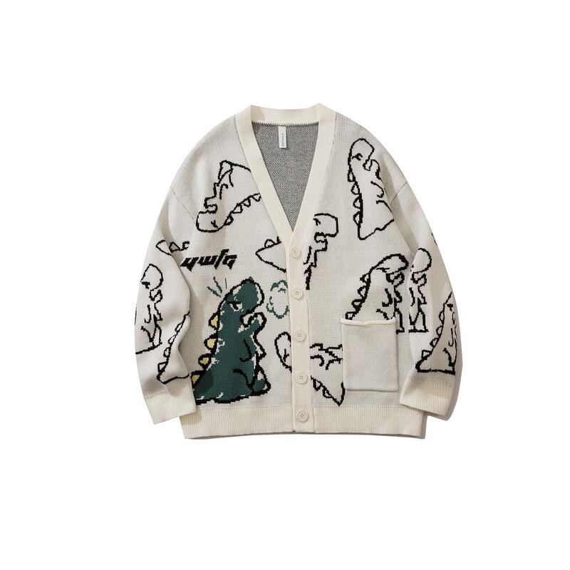 Suéter de pareja Neutral de dinosaurio para hombre, cárdigan de punto, suelto, versátil, estilo Hong Kong, Ins, Otoño e Invierno