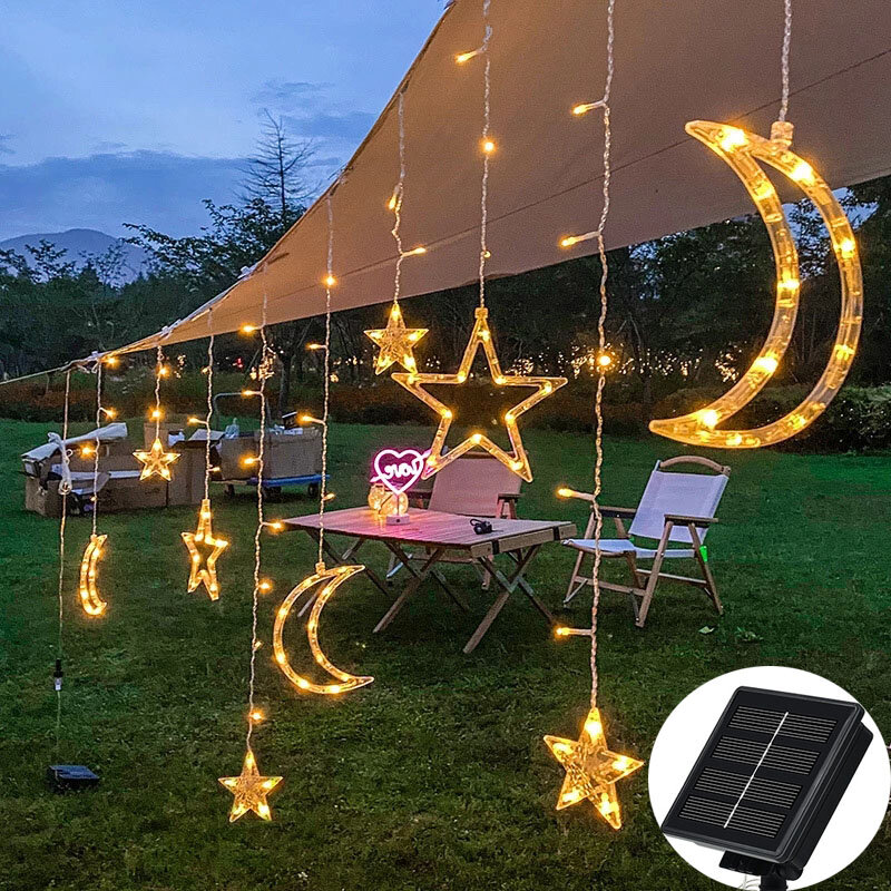 Star Moon Curtain String Lights, Lâmpada Solar, 3.5m, 138 LED, 8 Modos, IP44, Guirlanda Ramadã, Natal, Festa de Casamento, Decoração de Casa